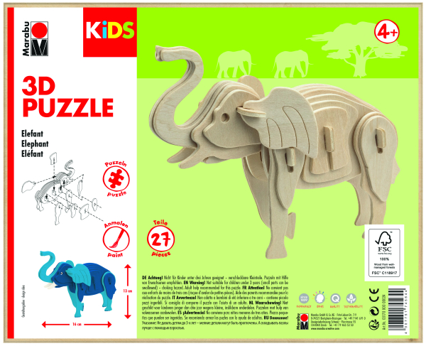 Marabu KiDS 3D Puzzle Elefant, 27 Teil